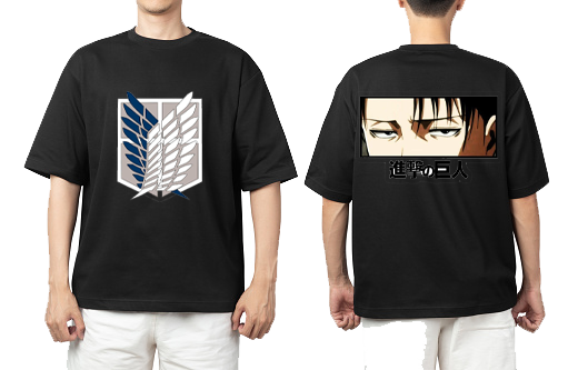 Anime Attack on titan shingeki no kyojin eren levi mikasa Aot black Oversize  t- shirt  back 4