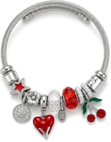 Silver Cable Wire Bangle Bracelet with Red Enamel Cherry, Heart, and Star Charms, Whimsical Beaded Statement Jewelry Gift for Women
