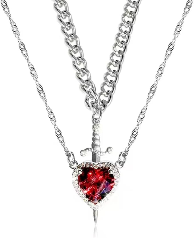 Heart and Sword Pendant Necklace Set, 2-Piece Zircon Crystal Chain Jewellery, Silver and Gold Plated Choker, Fashion Couple Necklaces