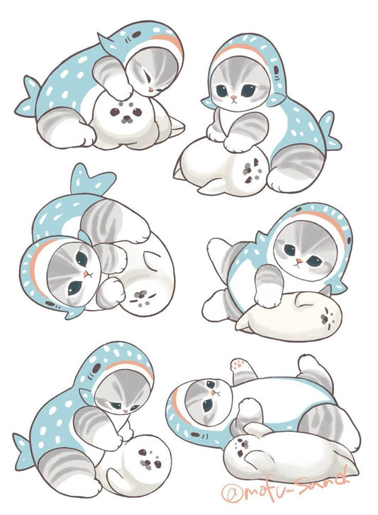 Mofusand Shark Cat Stickers Pack, Cute Kawaii Kitty in Whale Shark Costume with Little Seal, and Waterproof Vinyl Decals for Water Bottles, Laptops, and Journaling