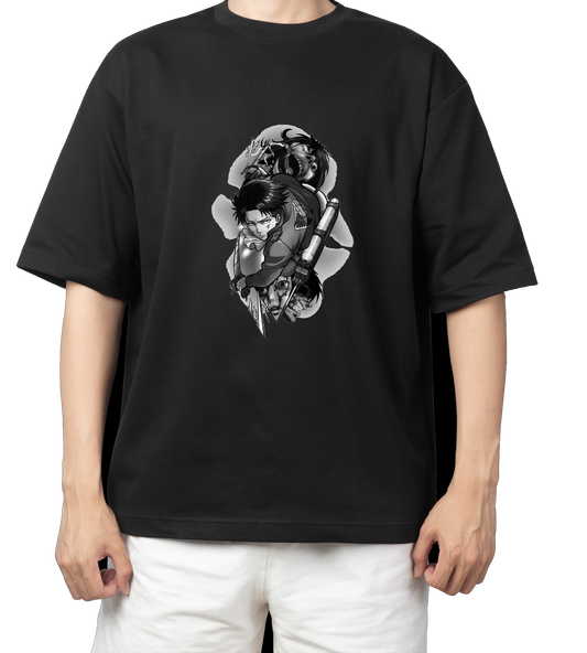 Anime Attack on titan shingeki no kyojin eren levi mikasa Aot black Oversize  t- shirt 51