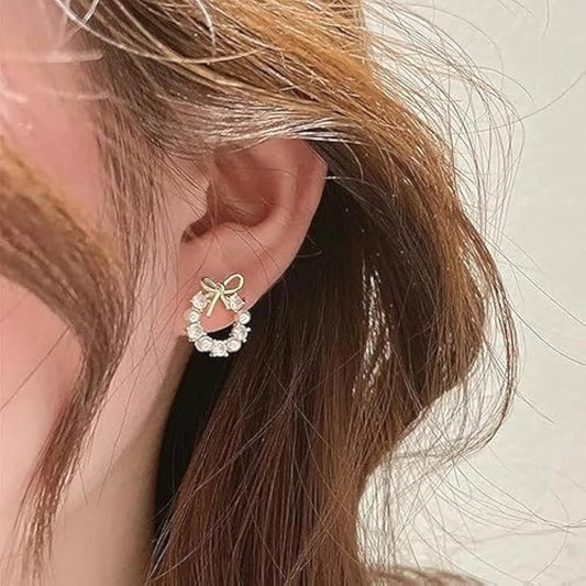 bow stud earrings, pearl wreath earrings, dainty gold hoops, crystal rhinestone studs, coquette jewelry aesthetic, s925 silver needle, cute ribbon bow earrings, mini pearl ear studs, soft girl aesthetic gifts, korean style earrings