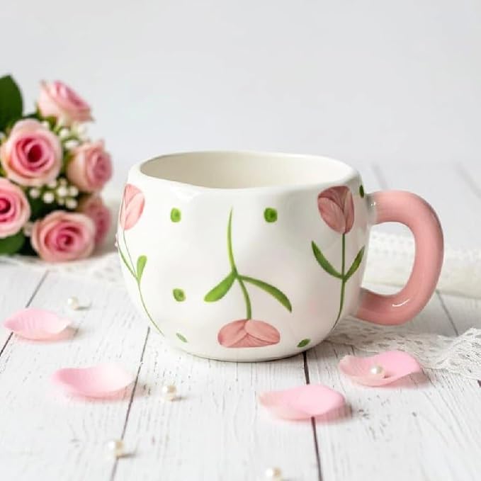 Handpainted Tulip Ceramic Mug, Cute Aesthetic Coffee and Tea Cup, Fat Belly Milk Mug with Pink Handle, Unique Gift for Women and Girls
