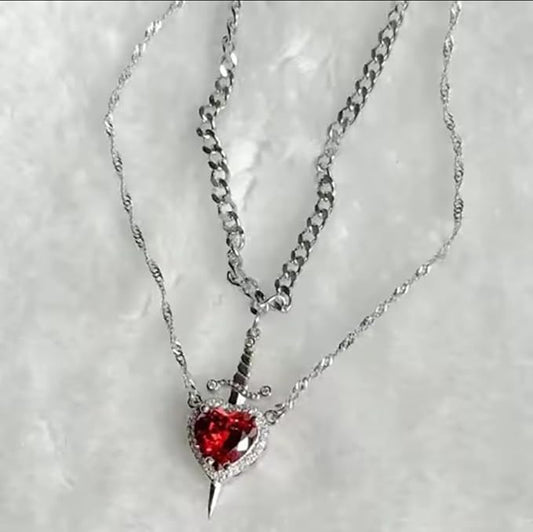Heart and Sword Pendant Necklace Set, 2-Piece Zircon Crystal Chain Jewellery, Silver and Gold Plated Choker, Fashion Couple Necklaces