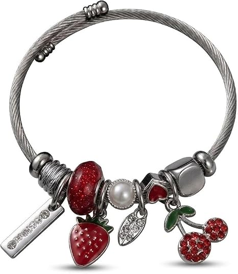 Silver Cable Wire Bangle Bracelet with Red Enamel Strawberry, Crystal Cherry, and Pearl Charms, Cute Summer Fruit Jewelry Gift for Women