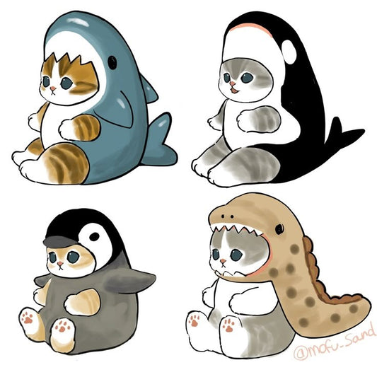 Mofusand Shark & Animal Cat Stickers Pack, Cute Kawaii Kitty in Costume with Orca, Penguin, Dinosaur, and Waterproof Vinyl Decals for Water Bottles, Laptops, and Journaling