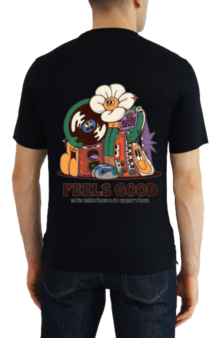 3 FEELS GOOD Bill the daisies bloom to the speaker's boom t- shirt One Size Black back 54