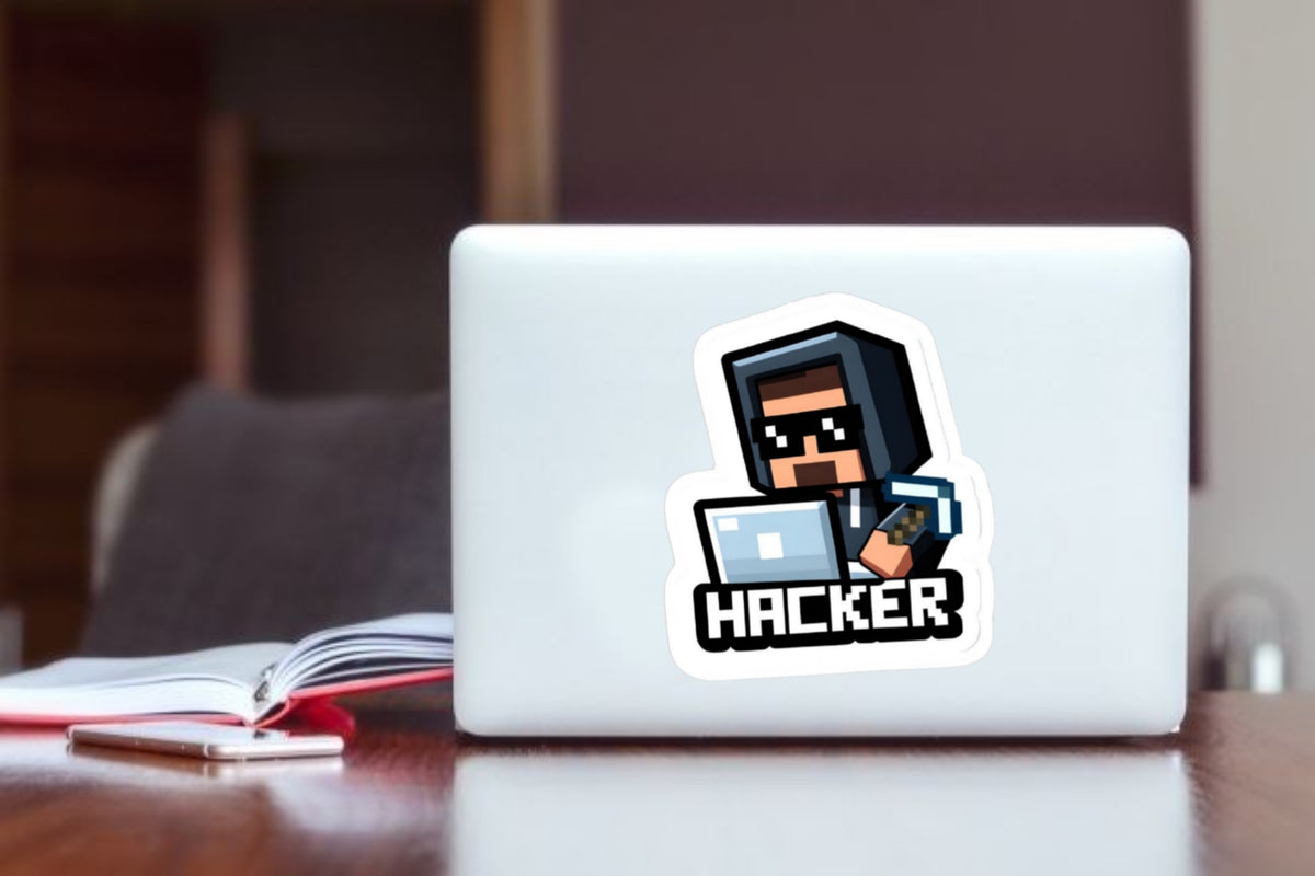 "Hacker" Pixel Art Gamer Laptop Sticker, Funny Coding & Gaming Vinyl Decal for Laptop, Water Bottle, Journal, and Tablet