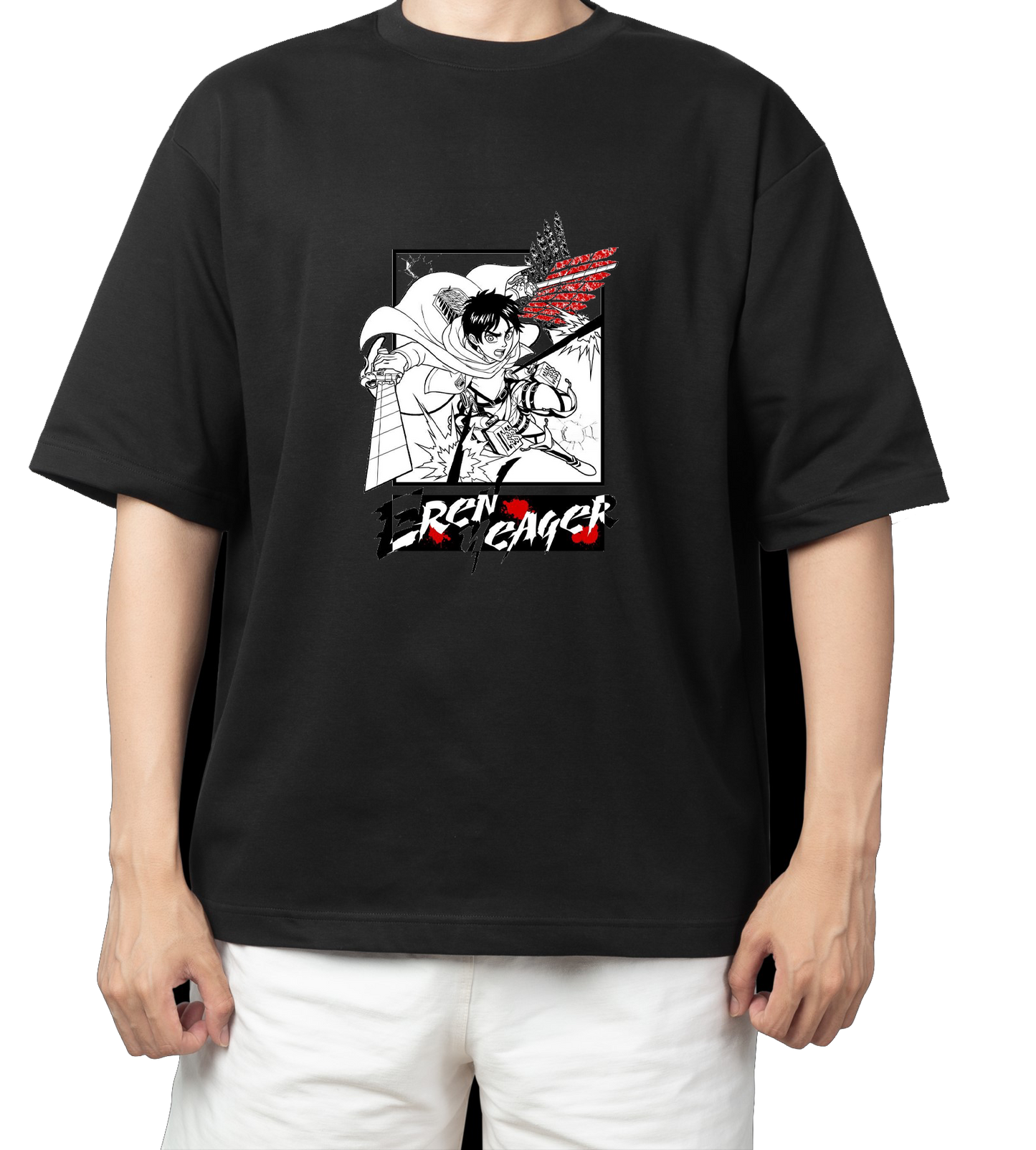 Anime Attack on titan shingeki no kyojin eren levi mikasa Aot black Oversize  t- shirt 54