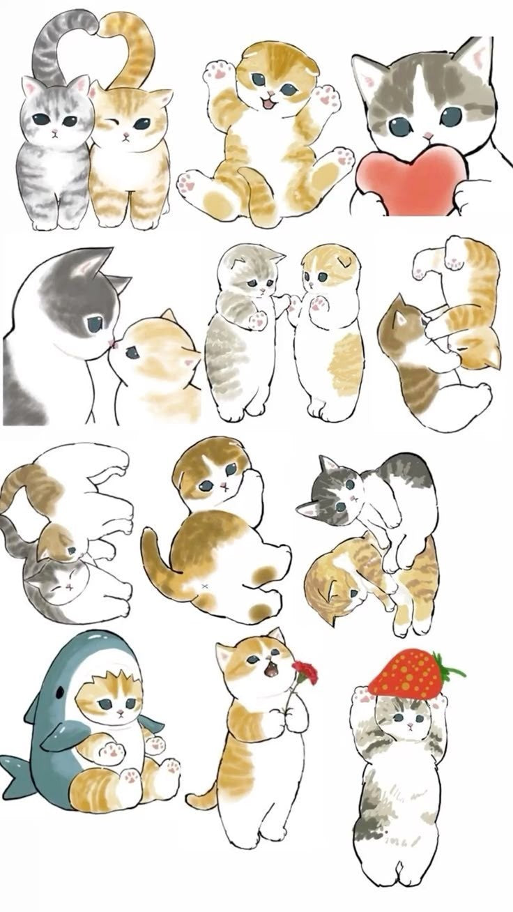 Cute Kawaii Cat & Kitten Stickers Pack, Sweet Little Kitties with Shark Costume, Strawberry, Hearts, and Waterproof Vinyl Decals for Water Bottles, Laptops, and Journaling