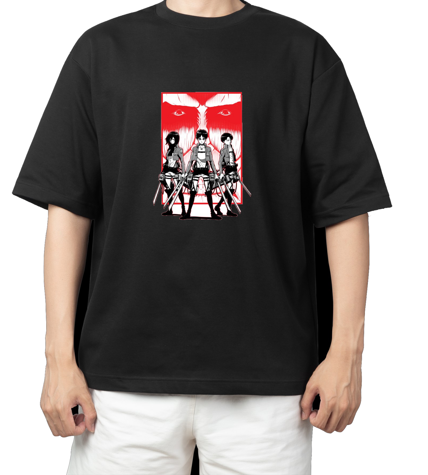Anime Attack on titan shingeki no kyojin eren levi mikasa Aot black Oversize  t- shirt 56