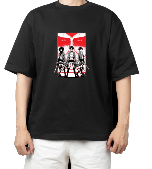 Anime Attack on titan shingeki no kyojin eren levi mikasa Aot black Oversize  t- shirt 56