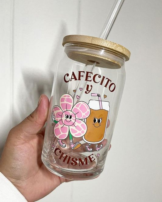 Mug with Wooden Lid and Clear Glass Straw: Practical for Juices and Ice Coffee CAFECITO y CHISME