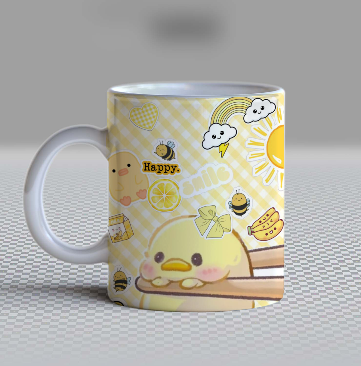 Cute Yellow Duck Sunshine Ceramic Coffee Mug – 11oz Aesthetic Kawaii Gingham Tea Cup, Happy Bumblebee & Lemon Pattern Mug for Coffee Lovers, Positive Birthday Gift for Women, Girls & Teens
