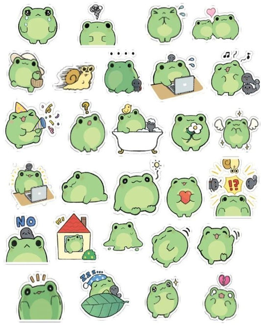 Cute Kawaii Frog Stickers Pack, Funny Green Frog Memes with Laptop, Bath, Sleep, and Waterproof Vinyl Decals for Water Bottles, Laptops, and Journaling