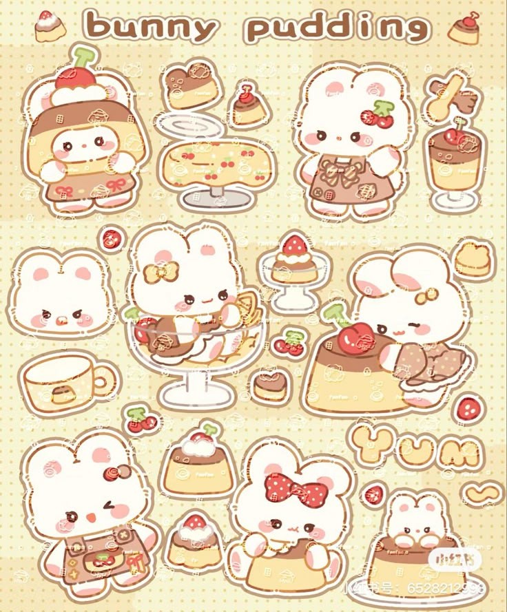 Bunny Pudding Stickers Pack, Cute Kawaii Rabbit with Caramel Dessert, Sweet Treats, and Waterproof Vinyl Decals for Water Bottles, Laptops, and Journaling