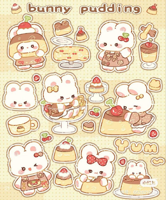 Bunny Pudding Stickers Pack, Cute Kawaii Rabbit with Caramel Dessert, Sweet Treats, and Waterproof Vinyl Decals for Water Bottles, Laptops, and Journaling