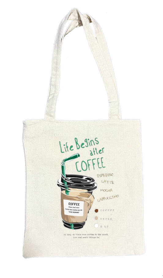 Life Begins after COFFEE Back text tote bag beige 57