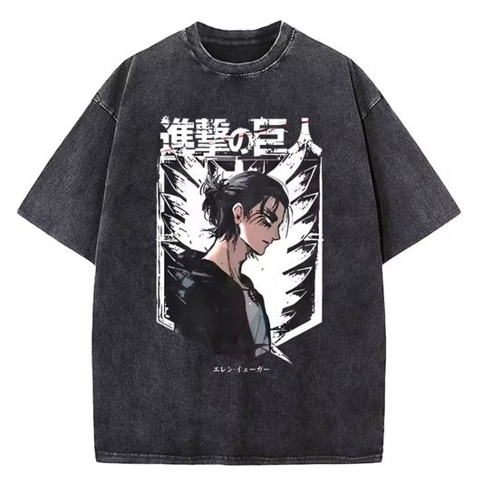 Anime Attack on titan shingeki no kyojin eren levi mikasa Aot washed acid  Oversize  t- shirt R 5