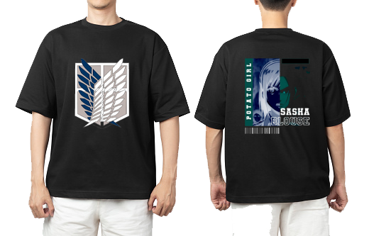 Anime Attack on titan shingeki no kyojin eren levi mikasa Aot black Oversize  t- shirt  back 5