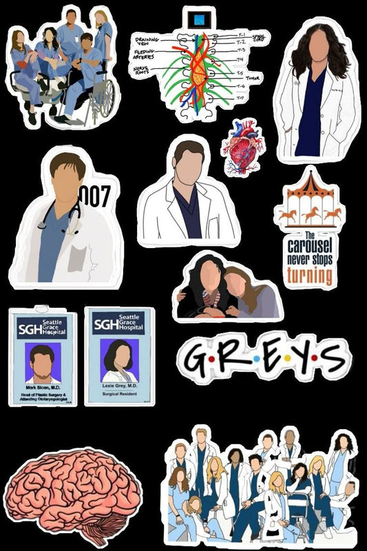 Grey's Anatomy Sticker Pack – Seattle Grace Hospital & Faceless Doctor Vinyl Decals for Laptop, Water Bottle, Hydro Flask, Journal – Funny Medical Drama Pop Culture Stickers Gift for Greys Fans