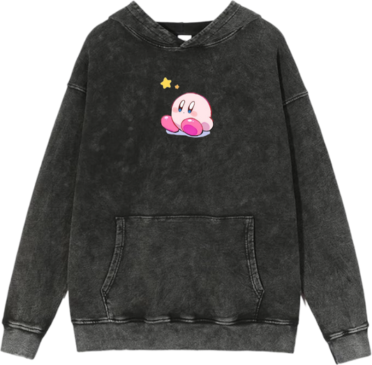 Cute Pink Anime Kirby Character Graphic Vintage Washed Hoodie for Women and Men, Kawaii Cartoon Dark Grey Pullover Sweatshirt 5