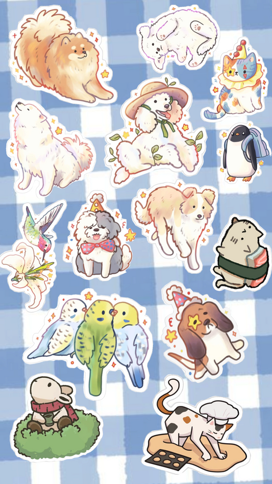 Cute Kawaii Pets Stickers Pack, Aesthetic Pastel Dogs, Cats, Birds, and Bunnies Waterproof Vinyl Decals for Water Bottles, Laptops, Phone, Journal, and Scrapbooking