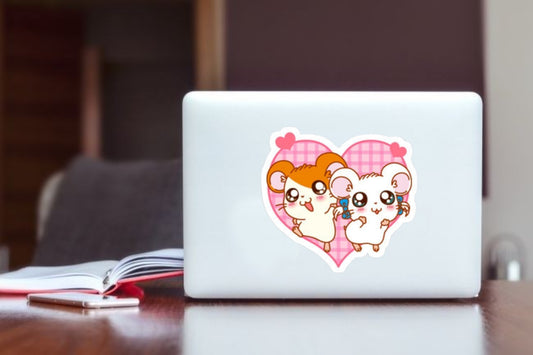 Hamtaro Anime Sticker, Cute Hamsters in Pink Heart Waterproof Vinyl Decal for Laptop, Water Bottle, Hydro Flask, and Journal