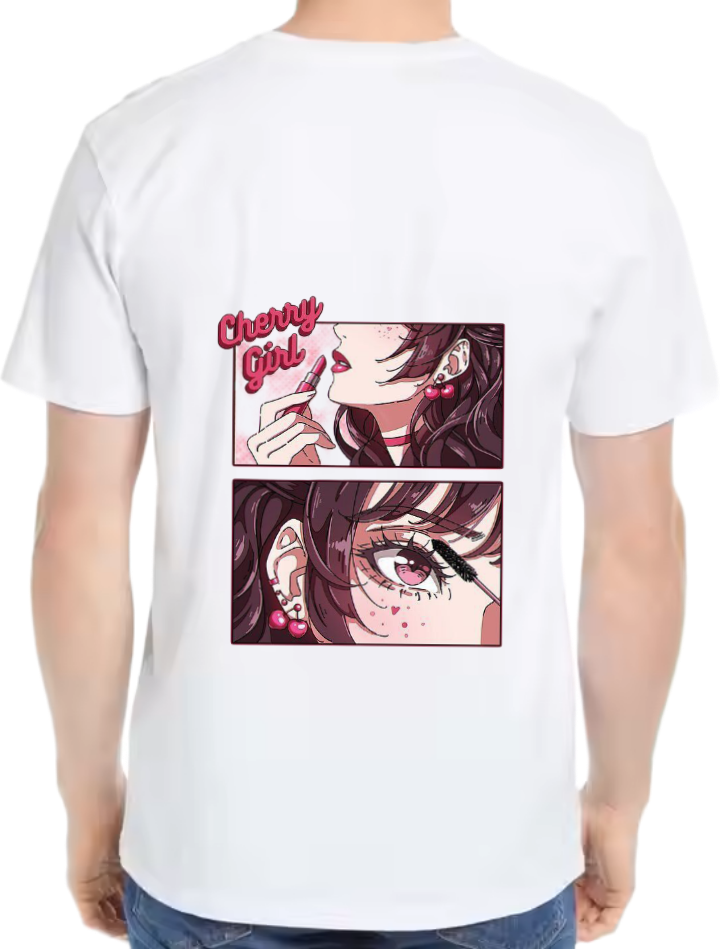 Cherry Girl Makeup Story t- shirt One Size White back 5