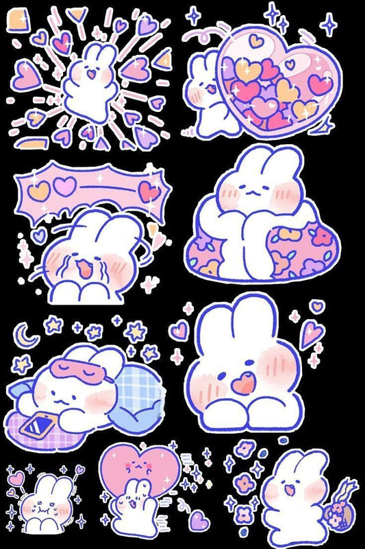 Purple Kawaii Bunny Stickers Pack, Cute Aesthetic White Rabbit with Glowing Hearts, Stars, and Waterproof Vinyl Decals for Water Bottles, Laptops, and Journaling