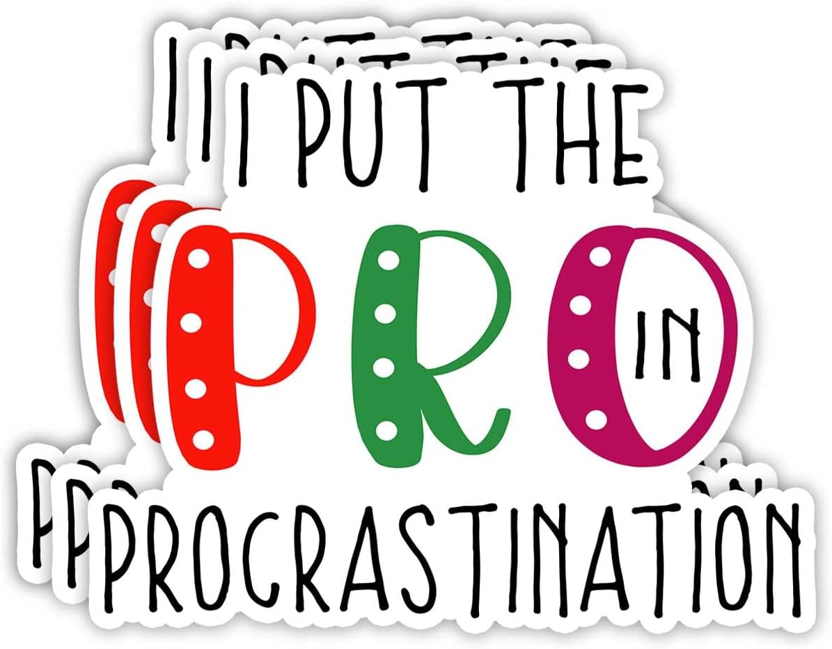 (3pcs) I Put The Pro in Procrastination Sticker Funny Sayings Sarcastic Quotes Humorous Phrase Vinyl Decal Stickers for Tumbler Laptop Kindle Water Bottles Tablet Books Phone - Size 3x2.4