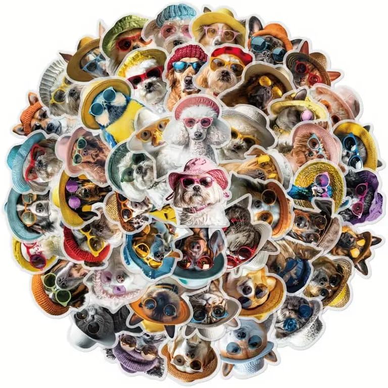50pcs Funny Animal with Glasses Sticker Pack – Transparent Peelable Background, Waterproof PET Decals – Cute Cartoon Stickers for DIY Scrapbooking, Phone Case, Laptop, Helmet, iPad & More