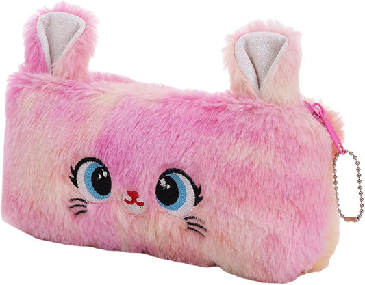 Pen Pouches Pencil Case Cartoon Cats Stationery Bag Large Capacity Pencil Case Desk Organizers for Students Cartoon Cats Plush Stationery Bag, Rose Color