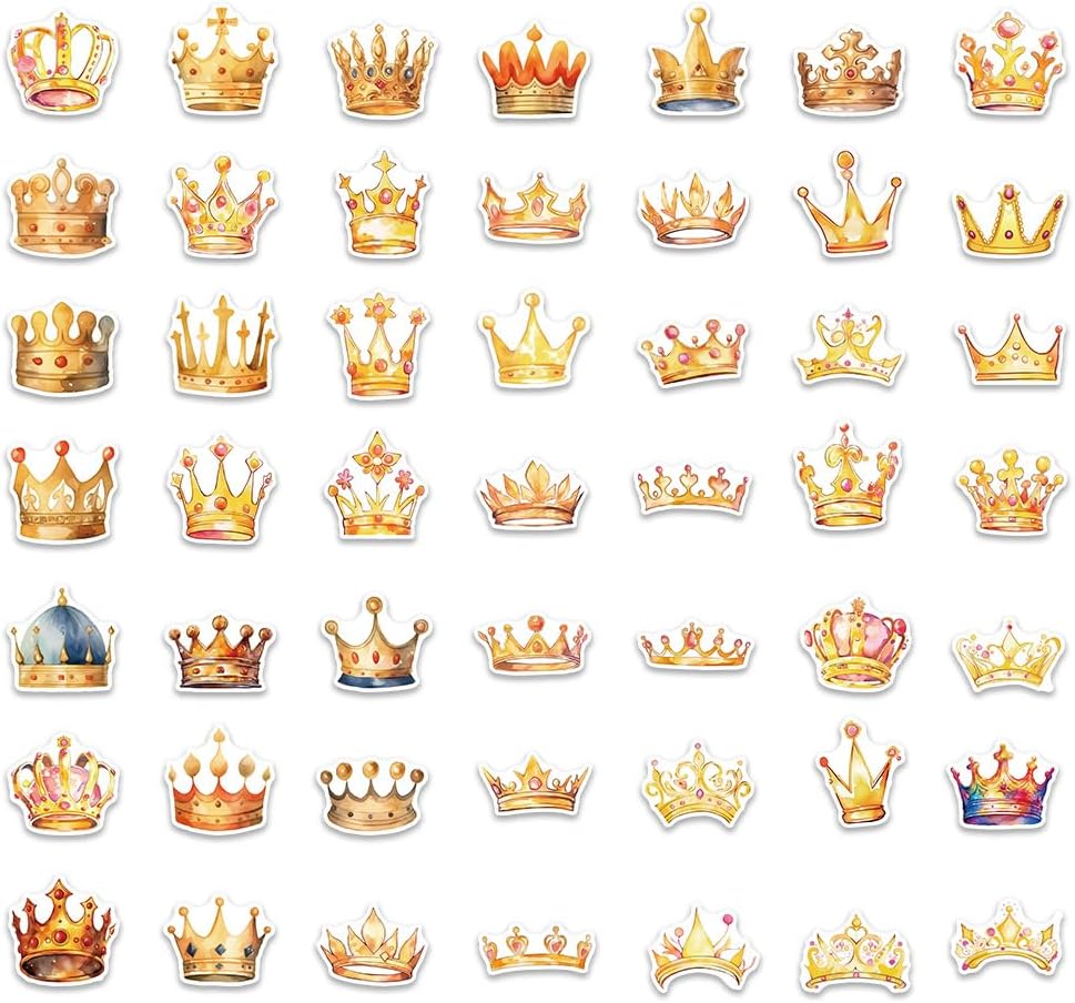 50Pcs Crown Stickers for Kids Water Bottle Laptop Princess Crown Dream Party Decoration Art Sticker Motorcycle Luggage Guitar Decal Skateboard Waterproof Vinyl Fairy Stickers for Teens Adults Crown