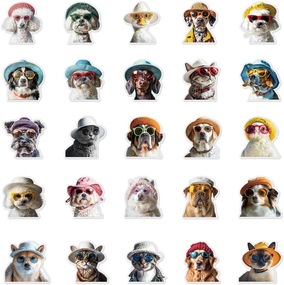 50pcs Funny Animal with Glasses Sticker Pack – Transparent Peelable Background, Waterproof PET Decals – Cute Cartoon Stickers for DIY Scrapbooking, Phone Case, Laptop, Helmet, iPad & More