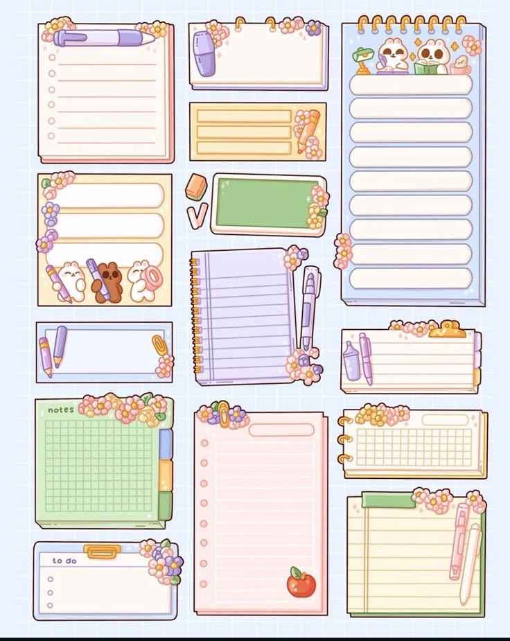 Kawaii Memo Pad & Planner Sticky Notes Stickers Pack, Cute To-Do List, Pastel Notebooks, Flowers, and Waterproof Vinyl Decals for Journaling and Scrapbooking