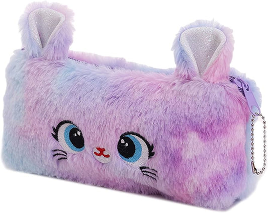 Pen Pouches Pencil Case Cartoon Cats Stationery Bag Large Capacity Pencil Case Desk Organizers for Students Cartoon Cats Plush Stationery Bag, Purple Color