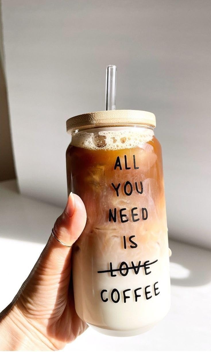 Mug with Wooden Lid and Clear Glass Straw: Practical for Juices and Ice Coffee All You Need Is Coffee