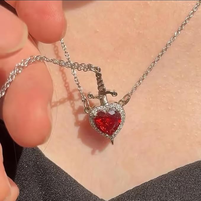 Heart and Sword Pendant Necklace Set, 2-Piece Zircon Crystal Chain Jewellery, Silver and Gold Plated Choker, Fashion Couple Necklaces