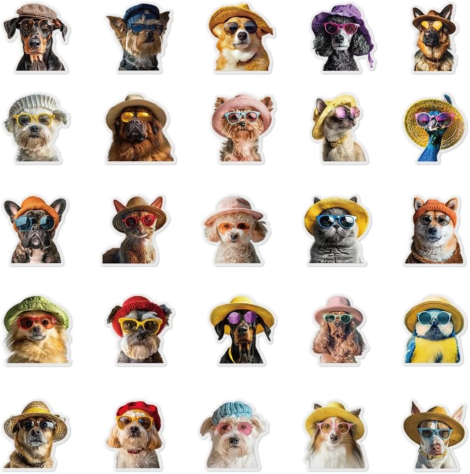 50pcs Funny Animal with Glasses Sticker Pack – Transparent Peelable Background, Waterproof PET Decals – Cute Cartoon Stickers for DIY Scrapbooking, Phone Case, Laptop, Helmet, iPad & More