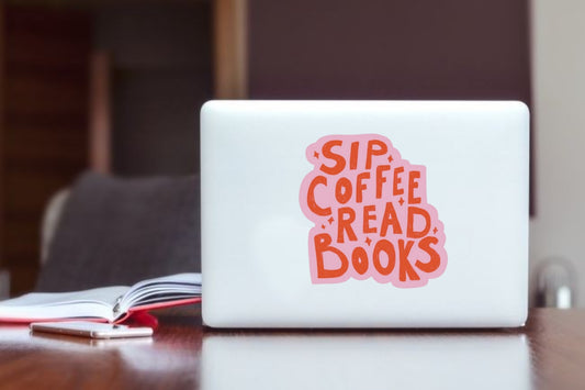 "Sip Coffee Read Books Laptop Sticker, Cute Bookworm Aesthetic Vinyl Decal, Waterproof Sticker for Kindle, Water Bottle, Hydro Flask, and Book Lover Gifts