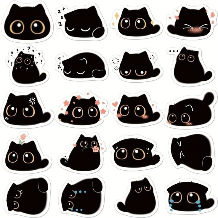 Cute Black Cat Stickers Pack, Kawaii Little Kitty with Big Eyes, Sleeping, Crying, and Waterproof Vinyl Decals for Water Bottles, Laptops, and Journaling