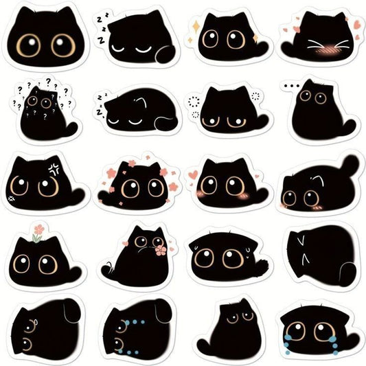 Cute Black Cat Stickers Pack, Kawaii Little Kitty with Big Eyes, Sleeping, Crying, and Waterproof Vinyl Decals for Water Bottles, Laptops, and Journaling
