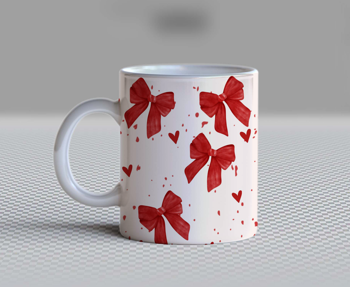 Cute Red Bow and Splatter Hearts Ceramic Coffee Mug – 11oz Aesthetic Coquette Ribbon Tea Cup, Watercolor Red Ribbon Pattern Mug for Coffee Lovers, Lovely Birthday & Valentine Gift for Women, Girls & Teens