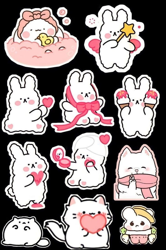 Pink Kawaii Bunny & Cat Stickers Pack, Cute White Rabbit with Hearts, Makeup, Ice Cream, and Waterproof Vinyl Decals for Water Bottles, Laptops, and Journaling