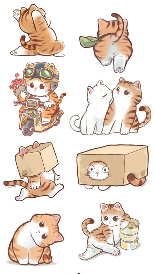 Cute Orange Tabby Cat Stickers Pack, Funny Ginger Kitty in Box, Scooter, Playful Pet Illustrations, and Waterproof Vinyl Decals for Water Bottles, Laptops, and Journaling