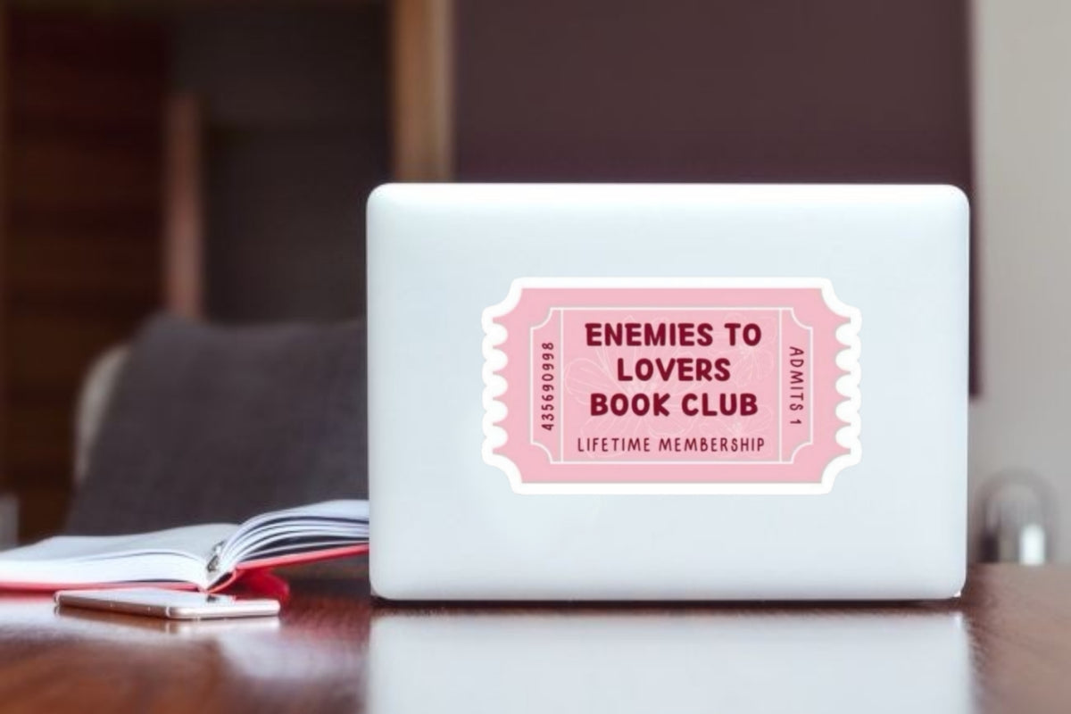 Enemies to Lovers Book Club" Ticket Sticker, Pink Aesthetic Reading Vinyl Decal, Waterproof Laptop Sticker for Kindle, Water Bottles, Romance Bookish Gift