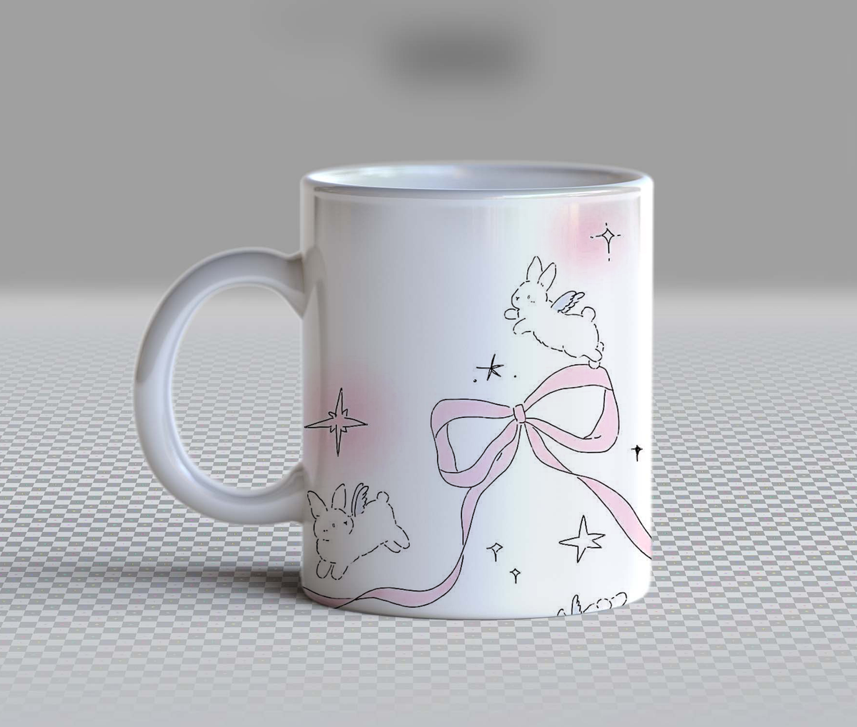 Cute Angel Bunny Pink Bow Ceramic Coffee Mug – 11oz Aesthetic Coquette Ribbon Tea Cup, Flying Rabbit & Sparkle Stars Pattern Mug for Coffee Lovers, Lovely Birthday Gift for Women, Girls & Teens