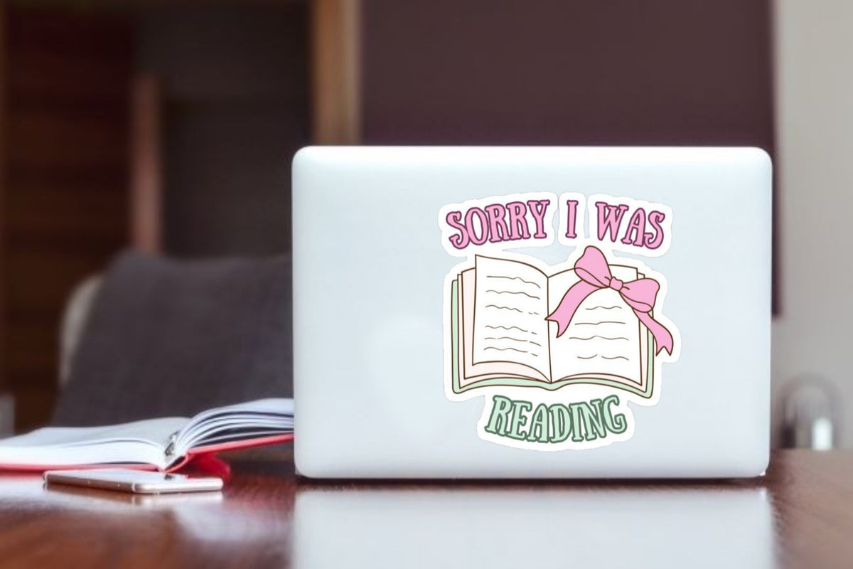 "Sorry I Was Reading Laptop Sticker, Cute Coquette Bow Book Aesthetic Vinyl Decal, Waterproof Sticker for Kindle, Water Bottle, Hydro Flask, and Book Lover Gifts