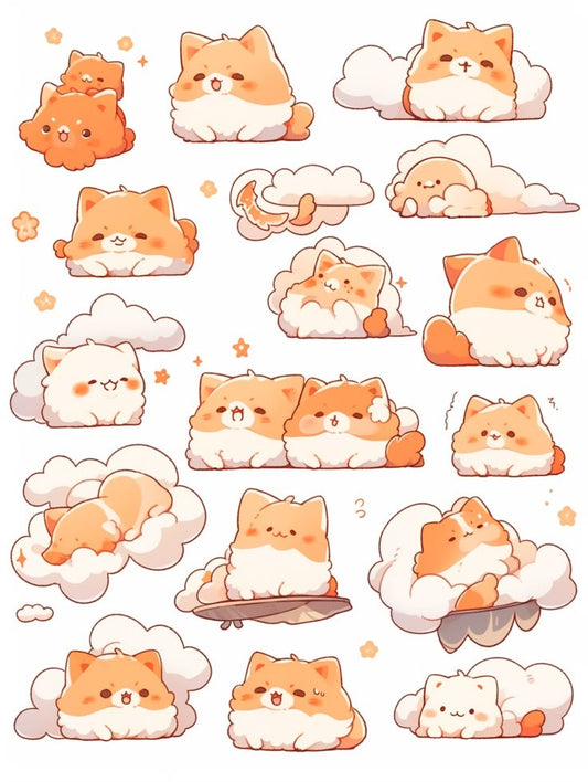 Fluffy Cloud Cat Stickers Pack, Cute Kawaii Orange Kitty in Clouds, Soft Aesthetic Pet Illustrations, and Waterproof Vinyl Decals for Water Bottles, Laptops, and Journaling